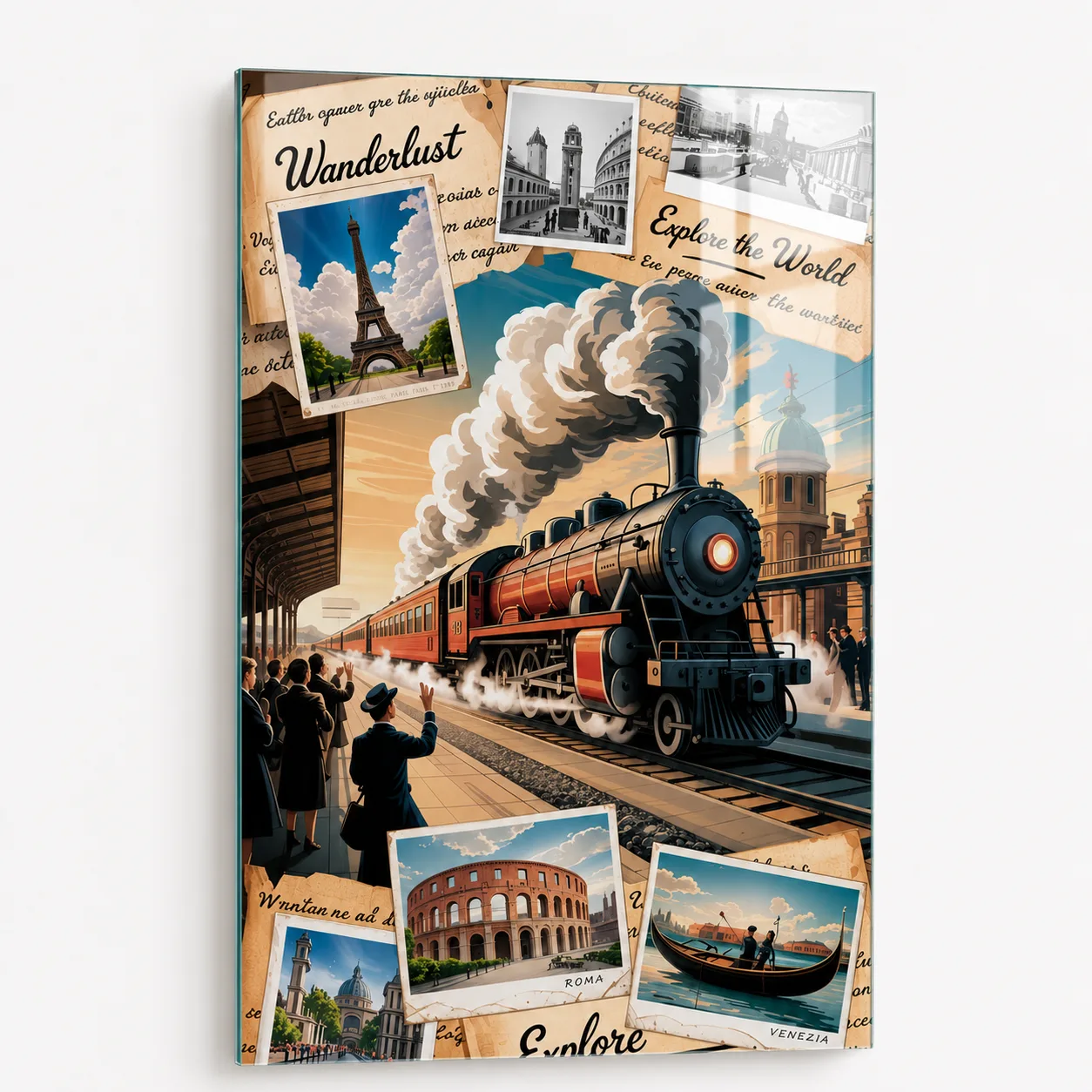Nostaljik Tren ve Dünya Seyahati Temalı Dikey Cam Tablo