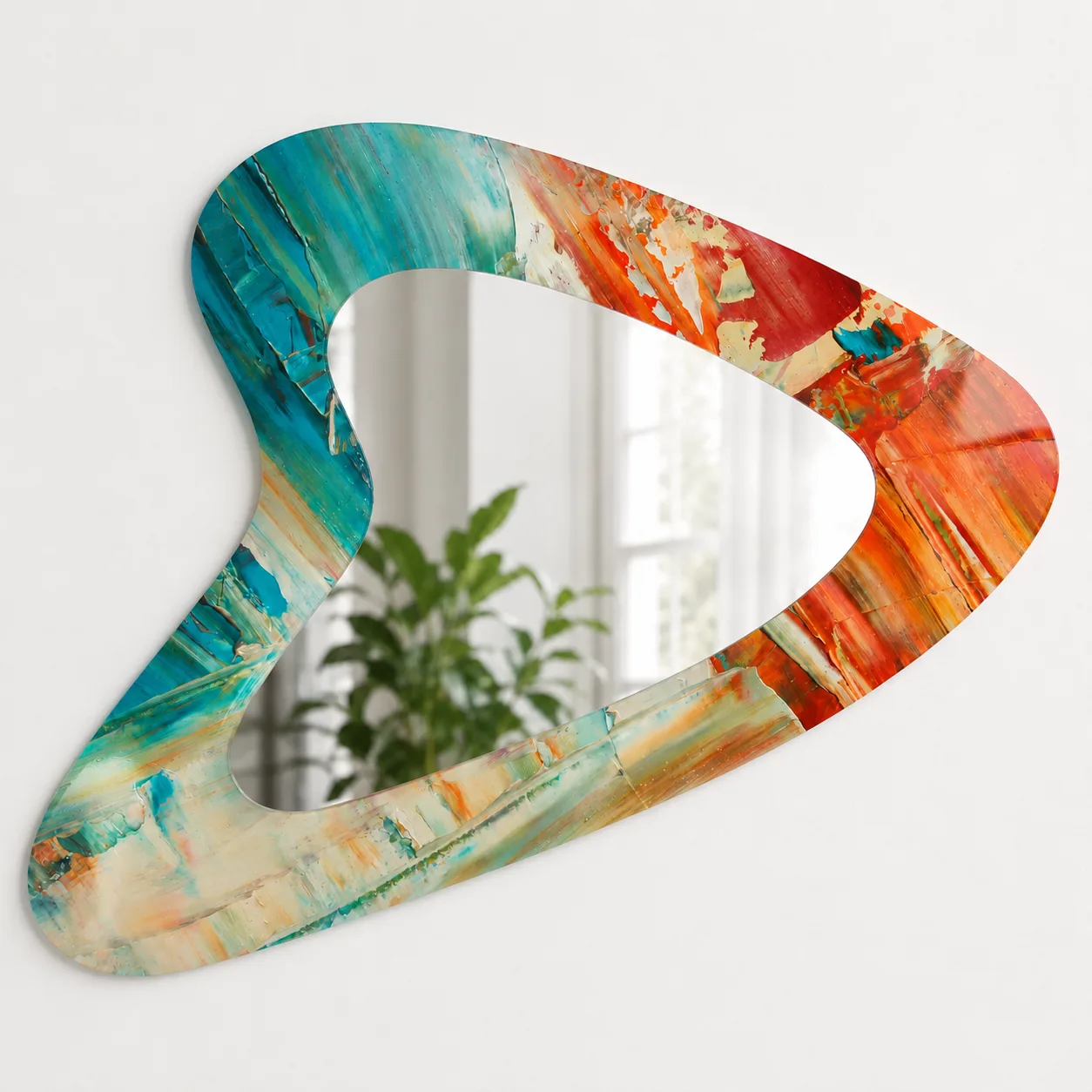 Soyut Sanat Esintili Boomerang Formunda Aynalı Cam Tablo