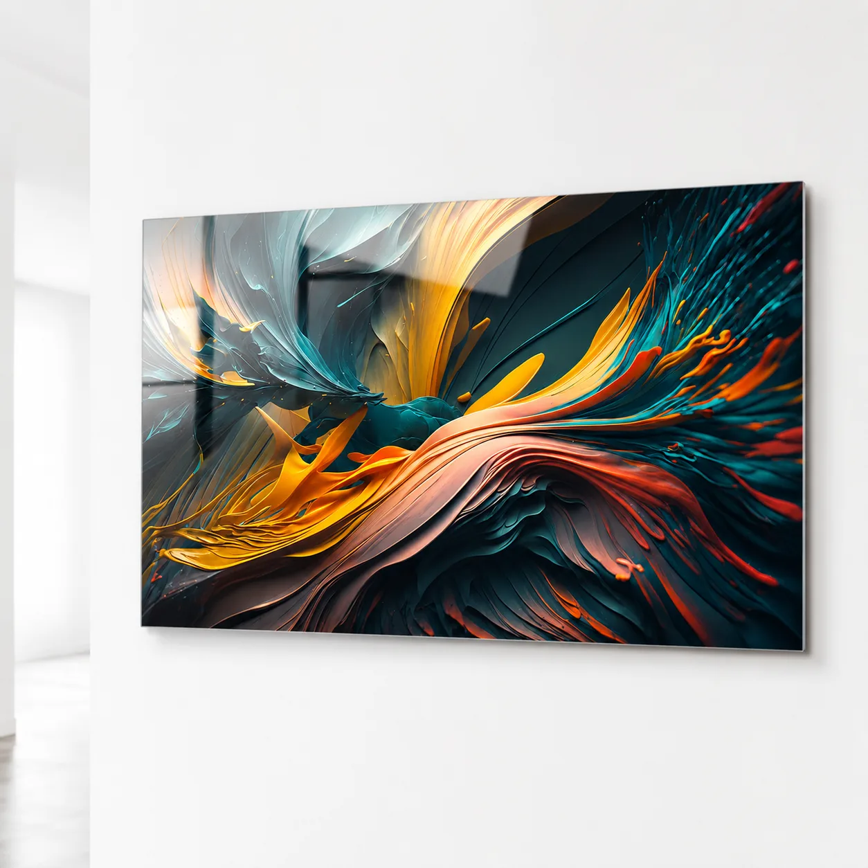 Soyut Enerji Patlaması ve Renk Dansı Cam Tablo | Yatay Cam Tablolar Ürünü