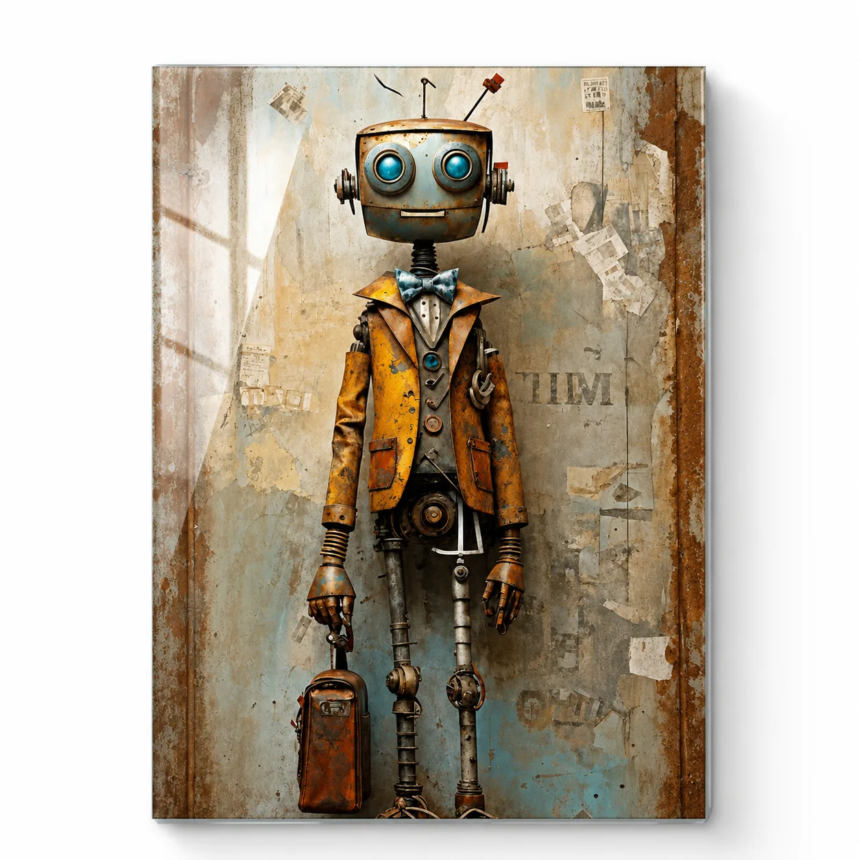 Steampunk Robot ve Vintage Duvar Temalı Dikey Cam Tablo