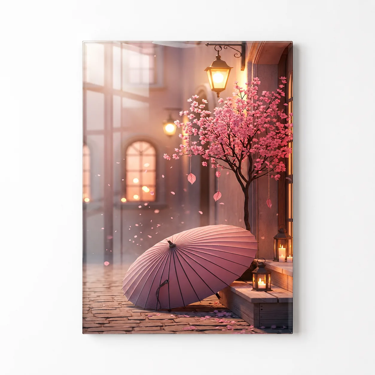 Sakura Rüyası ve Pembe Şemsiye Temalı Dikey Cam Tablo
