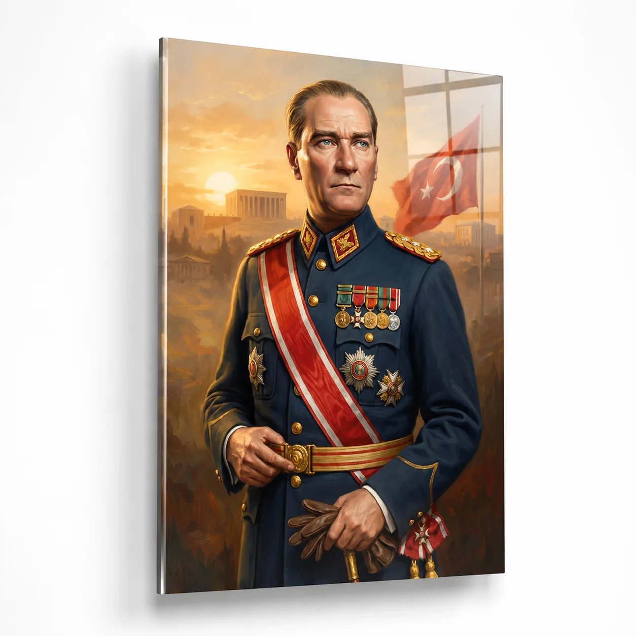Mustafa Kemal Atat ürk Askeri Formalı ve Anıtkabir Manzaralı Dikey Cam Tablo