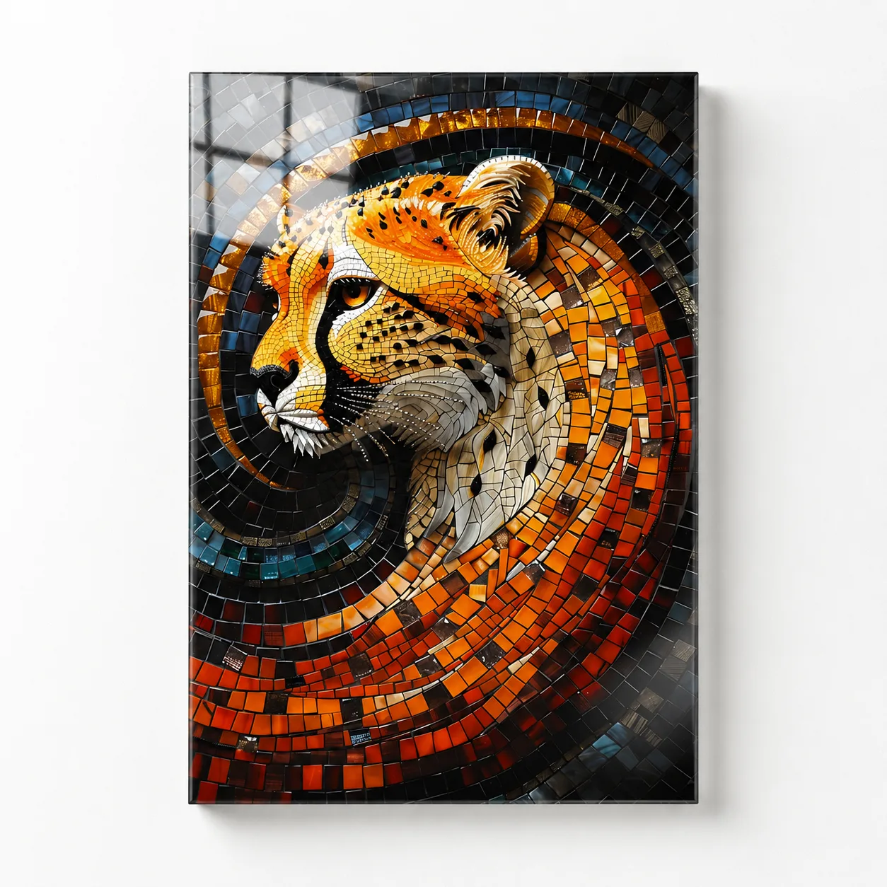 Mozaik Sanatı Çita Portresi Dikey Cam Tablo