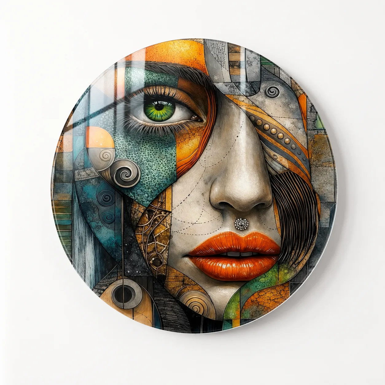 Soyut Sanat ve Geometrik Desenlerle Kadın Yüzü Temalı Yuvarlak Cam Tablo