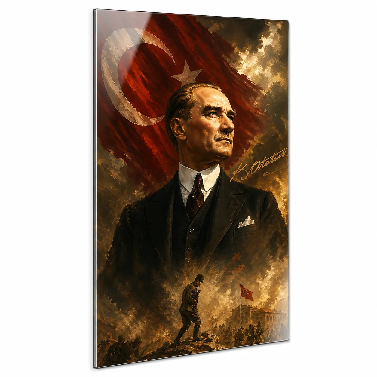 Atatürk ve Şanlı Bayrağımız Temalı Dikey Cam Tablo