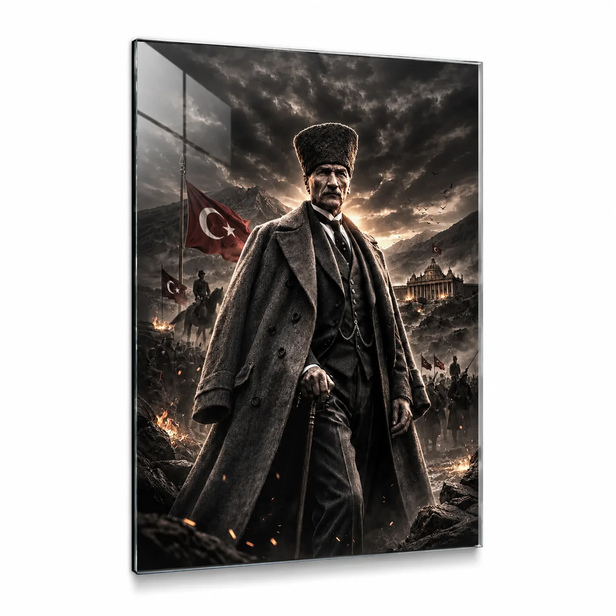 Atatürk'ün Lider Ruhu ve Kurtuluş Destanı Temalı Dikey Cam Tablo