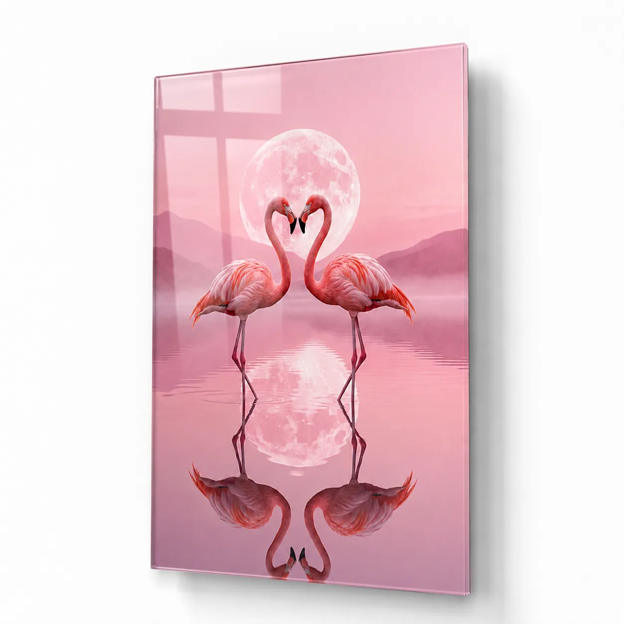 Romantik Pembe Ay Işığı ve Aşk Flamingoları Dikey Cam Tablo