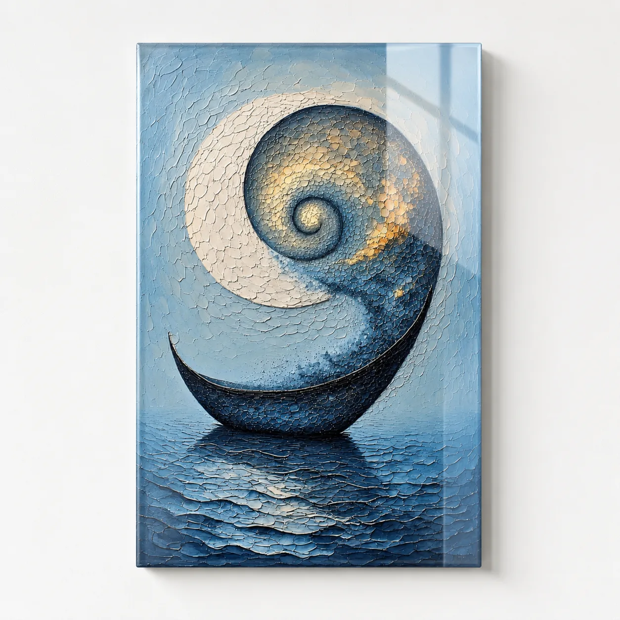 Mavi Spiral Ay ve Sonsuz Deniz Temalı Dikey Cam Tablo