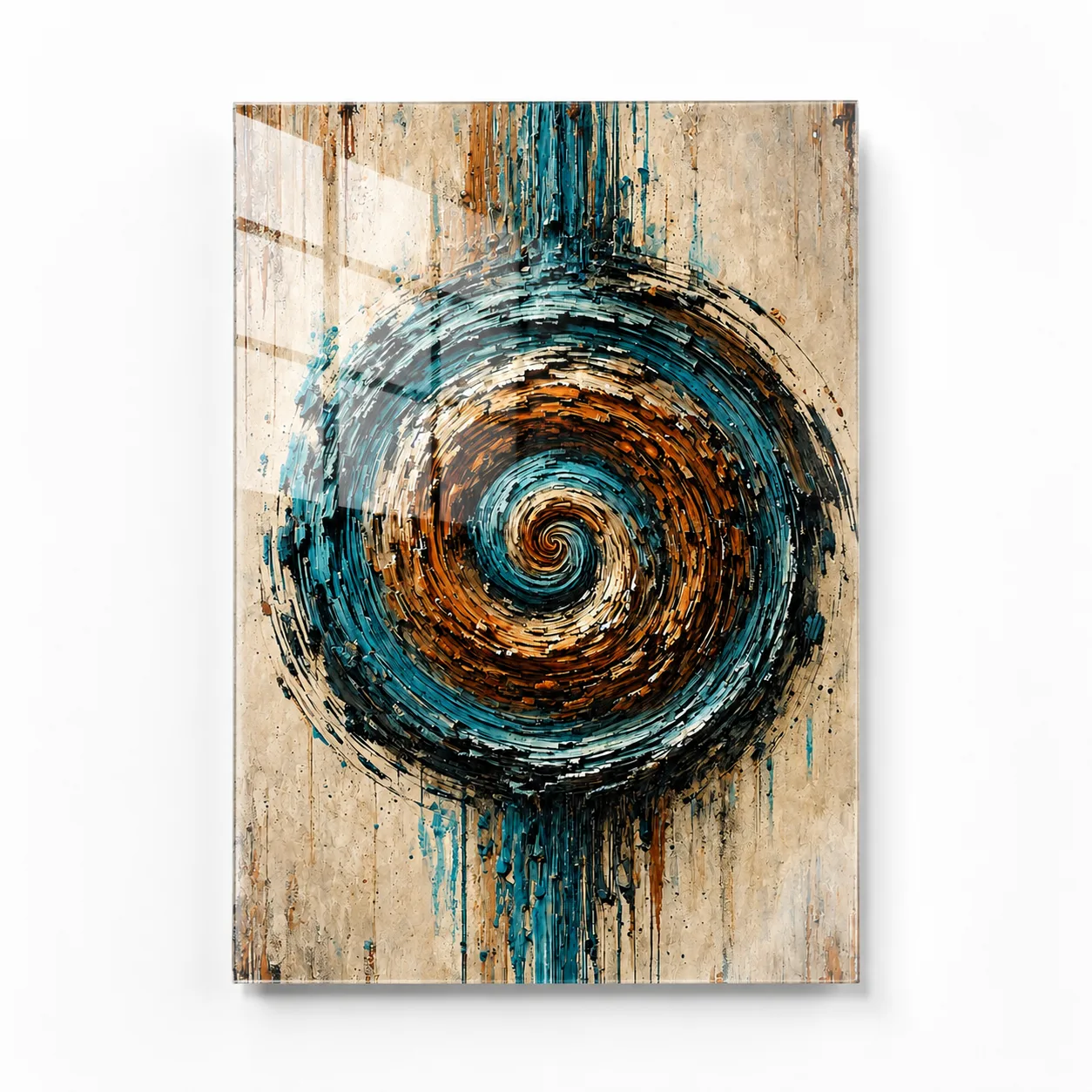 Turkuaz ve Kahve Tonlarında Enerjik Spiral Sanat Dikey Cam Tablo