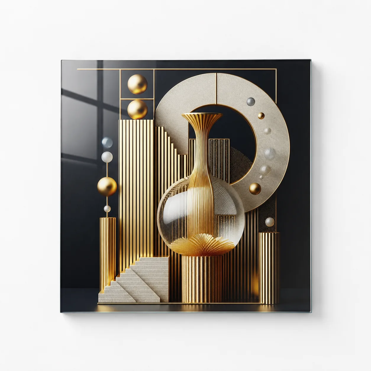 Art Deco Mimari ve Altın Vazo Soyut Kare Cam Tablo