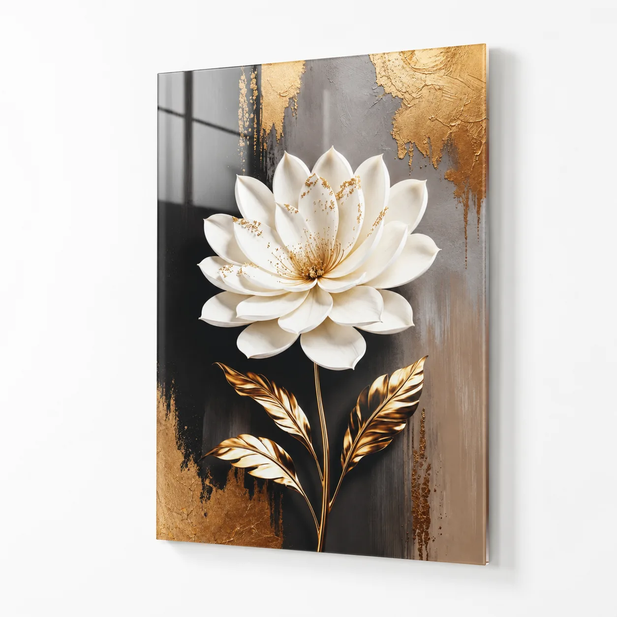 Beyaz Lotus ve Altın Yapraklı Soyut Sanat Dikey Cam Tablo