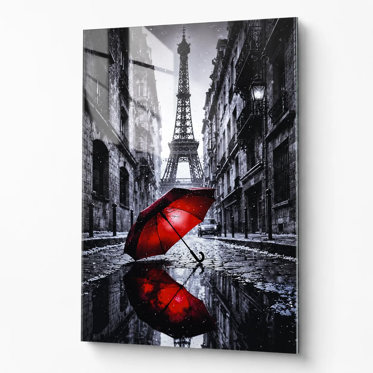 Eyfel Kulesi ve Kırmızı Şemsiye Paris Yağmuru Dikey Cam Tablo