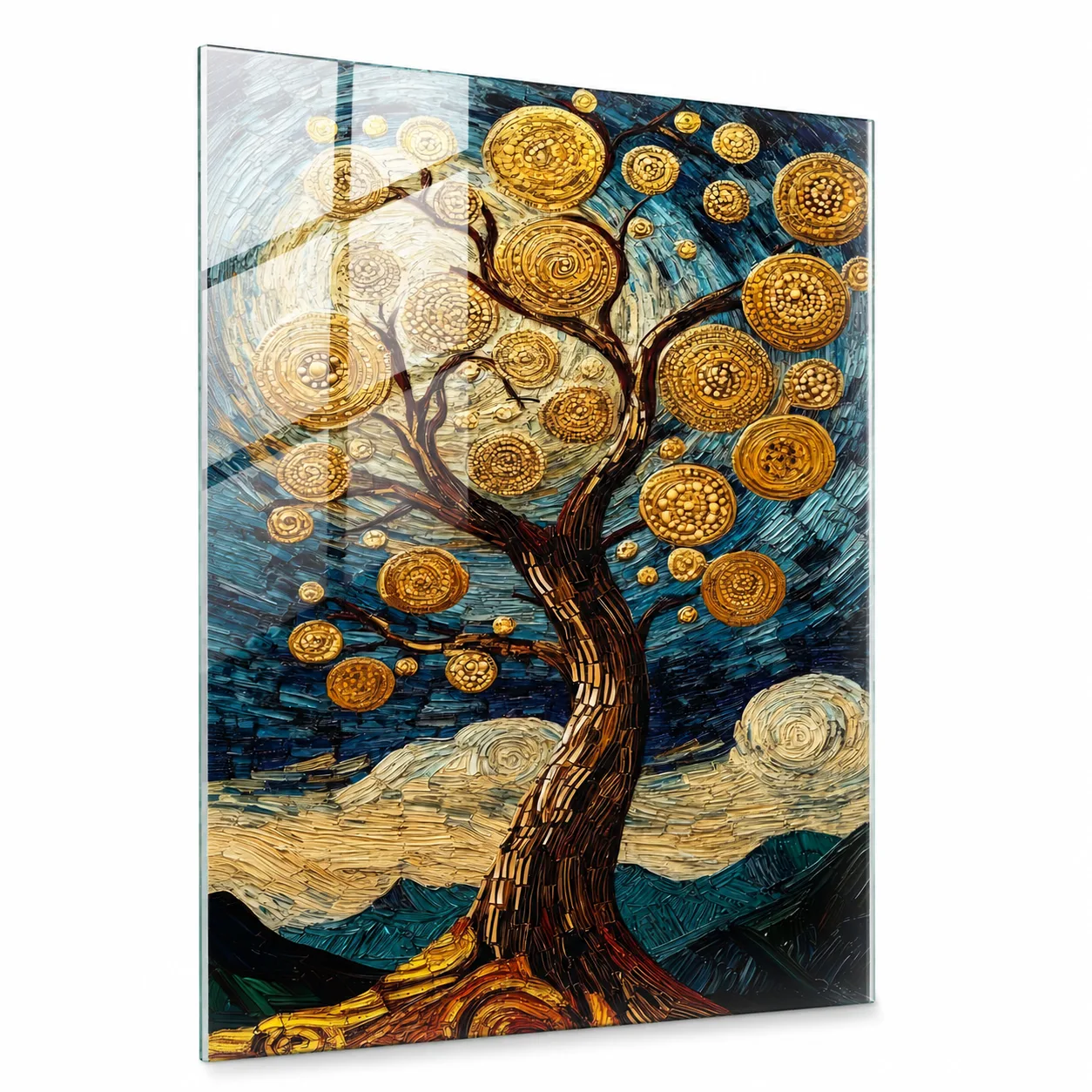 Van Gogh Tarzı Altın Yapraklı Hayat Ağacı Dikey Cam Tablo