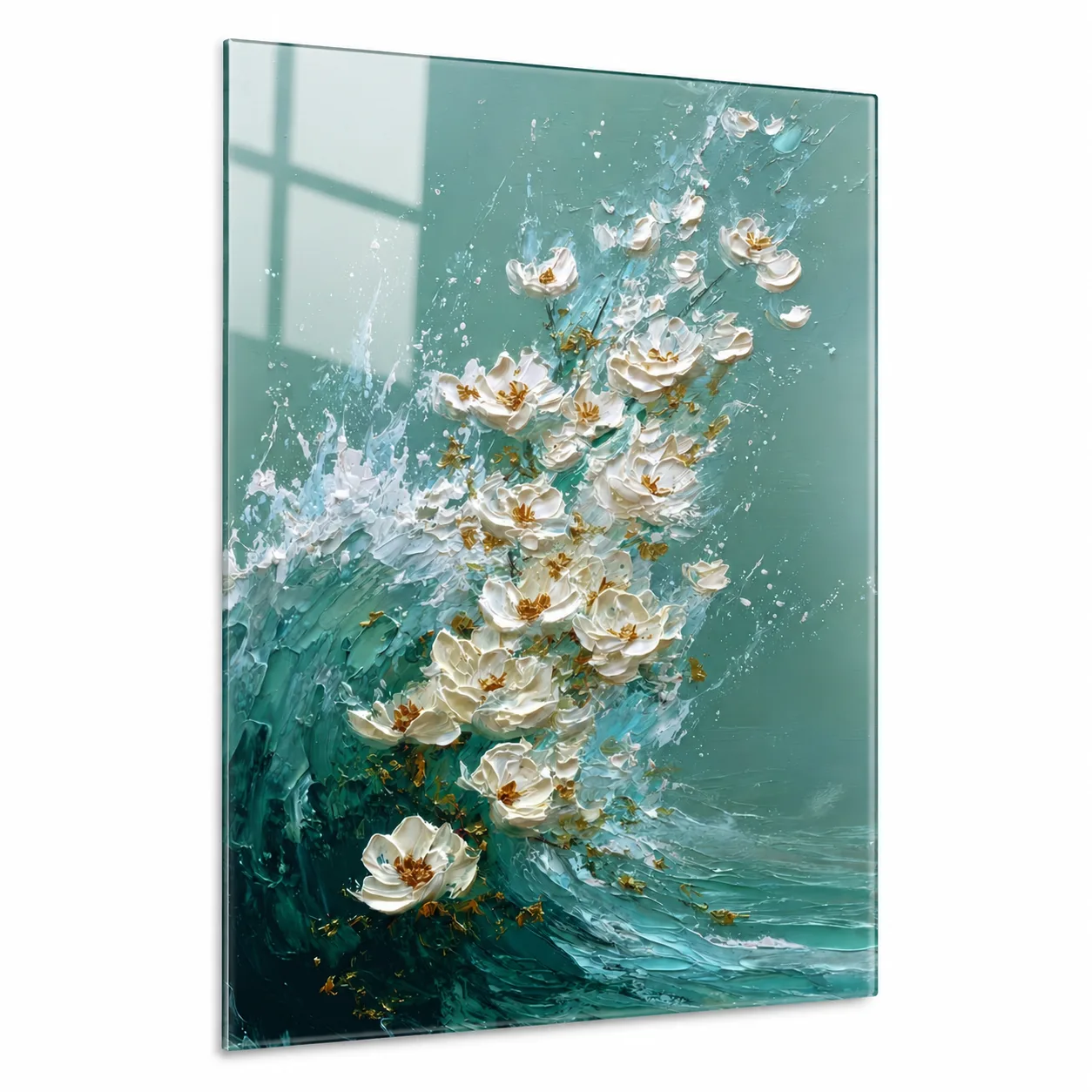 Beyaz Lotus ve Turkuaz Dalgalar Dikey Cam Tablo
