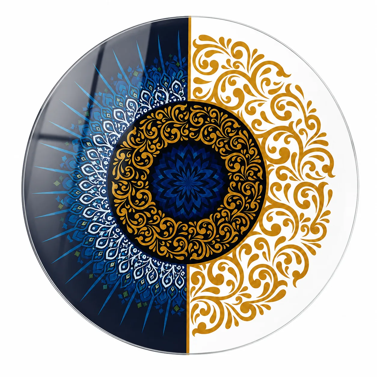 Mavi ve Altın Renklerde Mandala Desenli Dekoratif Yuvarlak Cam Tablo