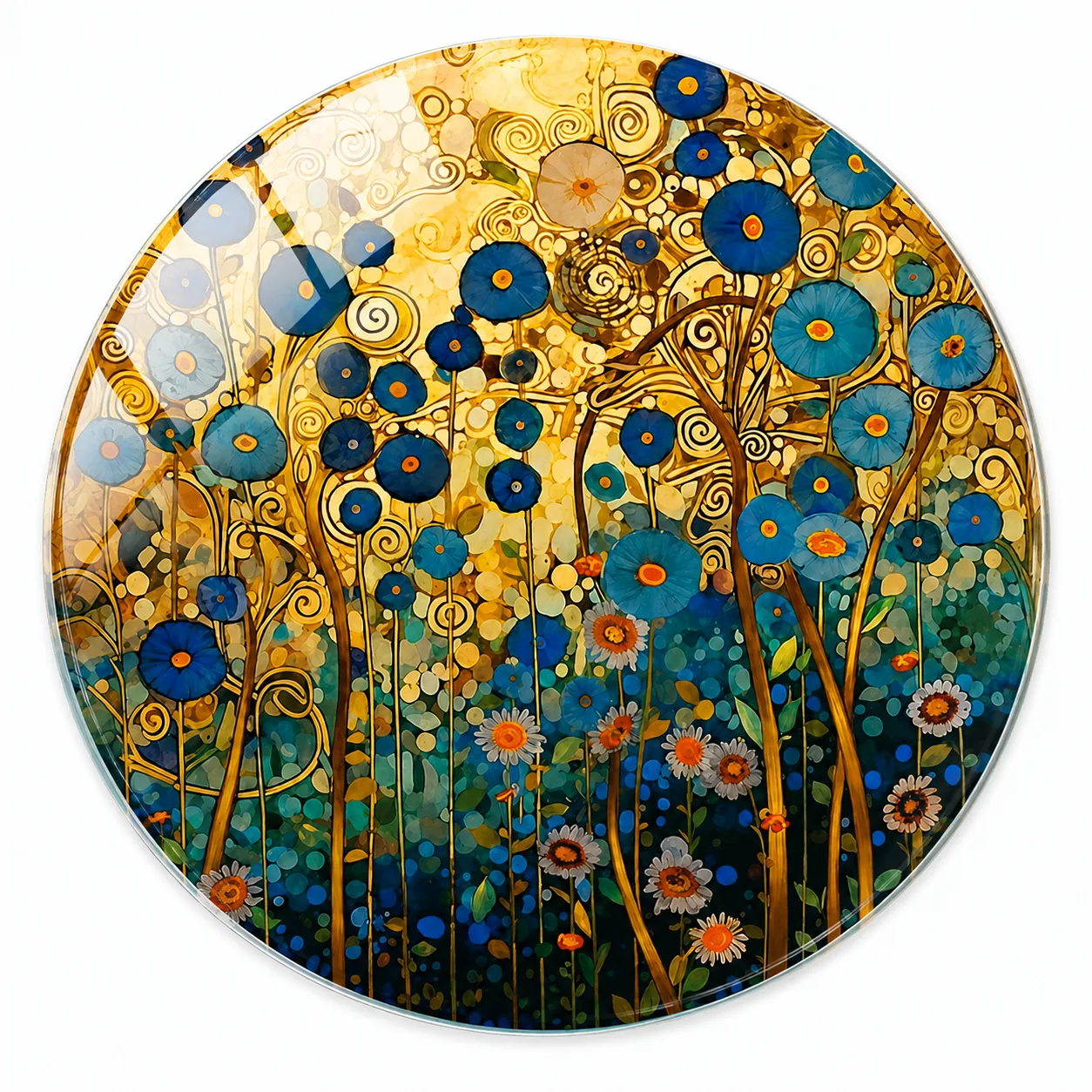 Gustav Klimt Esintili Altın ve Mavi Çiçek Bahçesi Yuvarlak Cam Tablo