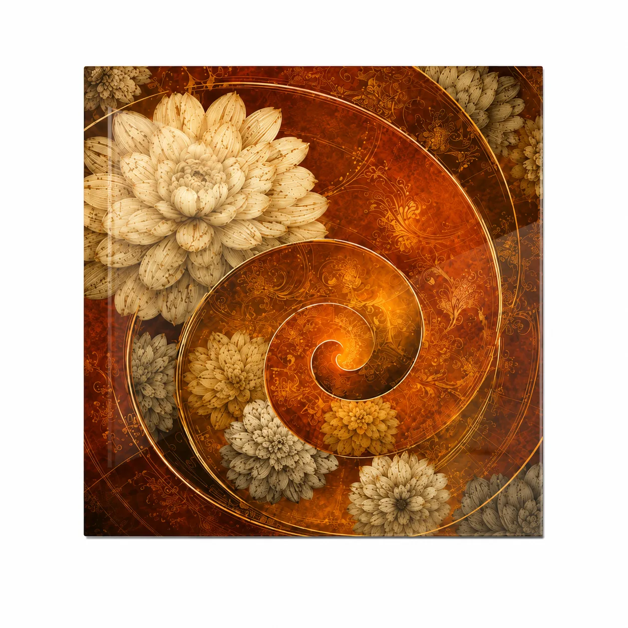 Altın Spiral ve Lotus Çiçekleri Sanatsal Kare Cam Tablo
