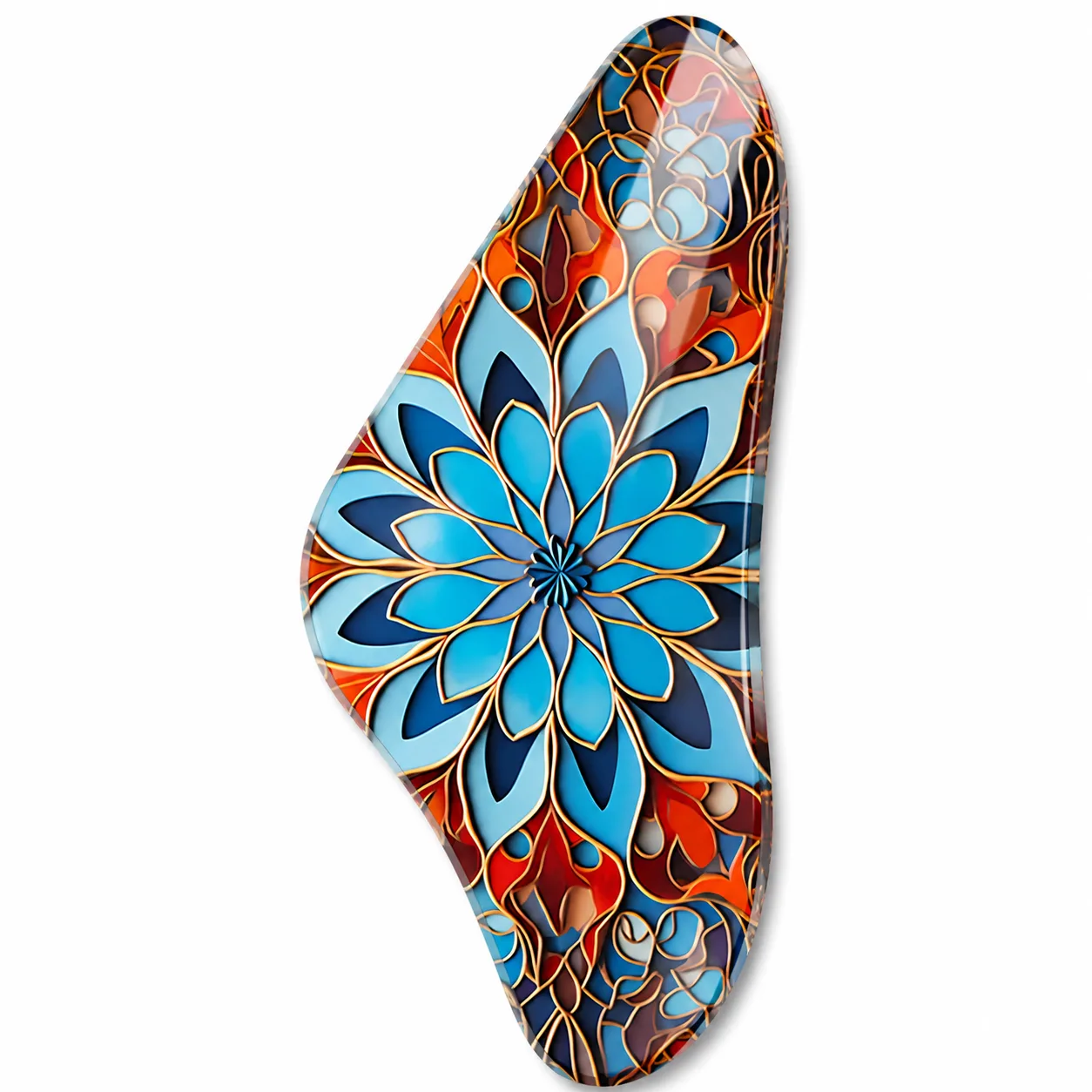 Büyüleyici Mavi ve Turuncu Tonlarda Mandala Desenli Geometrik Cam Tablo