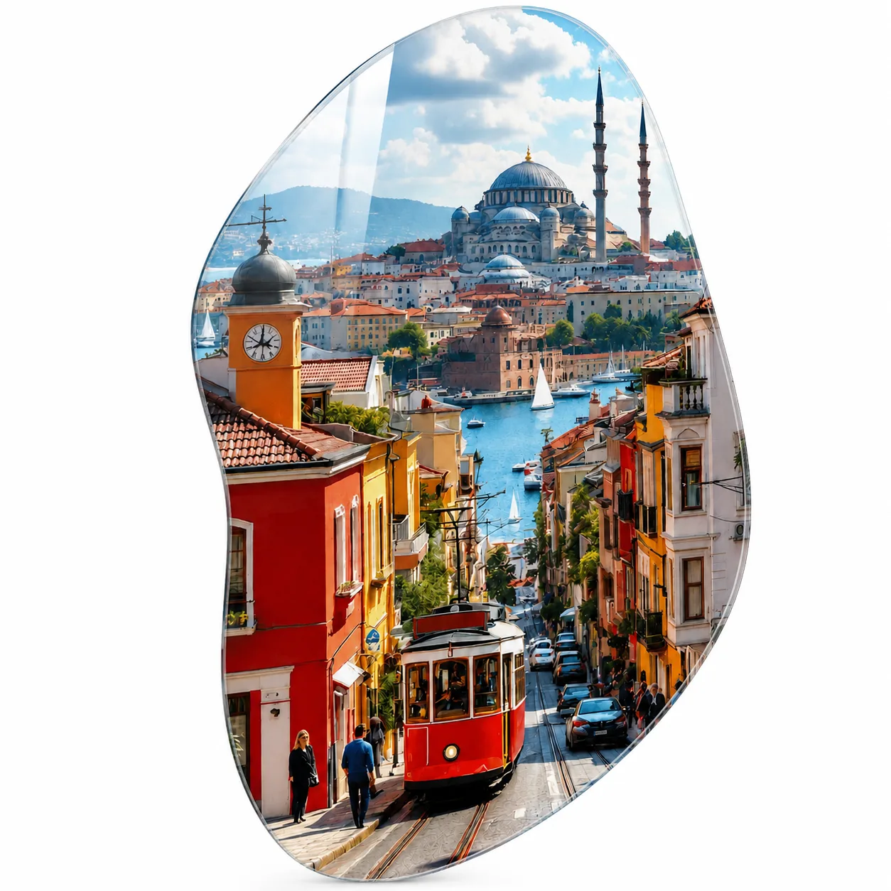 İstanbul'un Kalbi: Tramvaylı Boğaz Manzarası Oval Cam Tablo