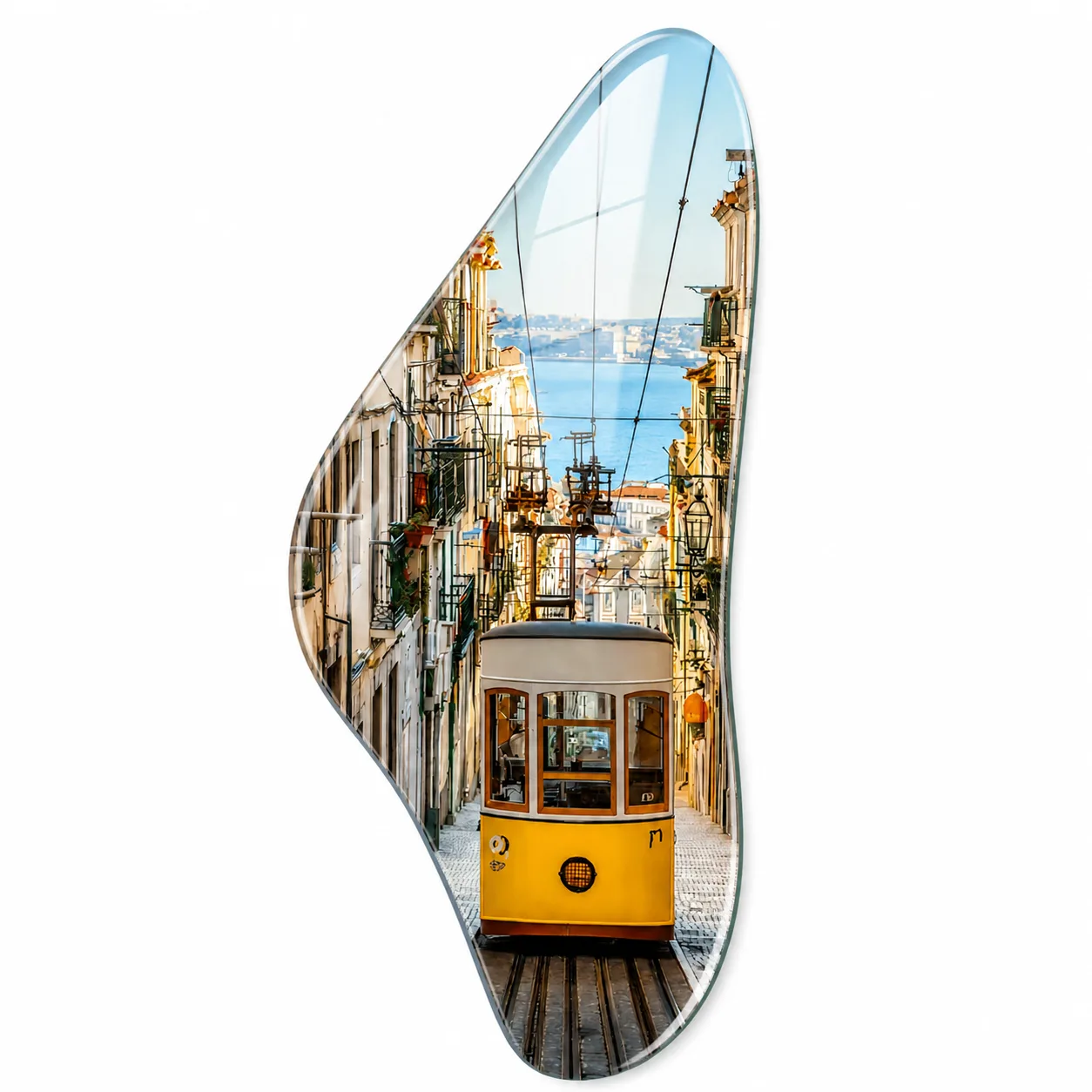Lizbon Sokakları ve Sarı Tramvay Temalı Geometrik Cam Tablo