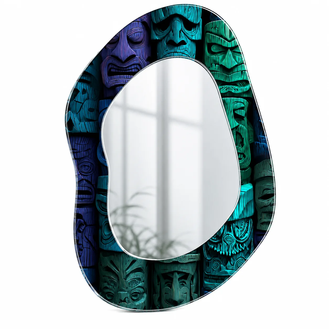 Organik Form Tiki Maskeleri Desenli Dekoratif Ayna | Geometrik Oval Aynalı Cam Tablo
