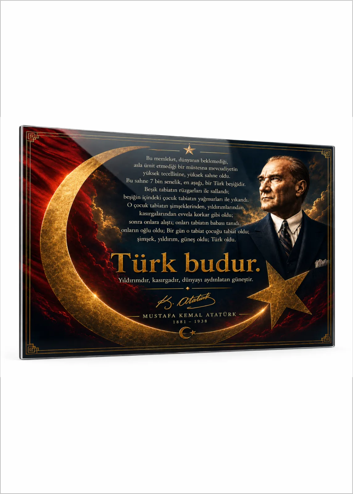 Atatürk ve Ay Yıldız Temalı "Türk Budur" Cam Tablo | Yatay Cam Tablolar Ürünü