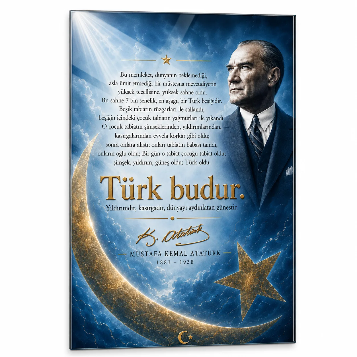 Atatürk Portresi ve Türk Budur Sözü Temalı Dikey Cam Tablo