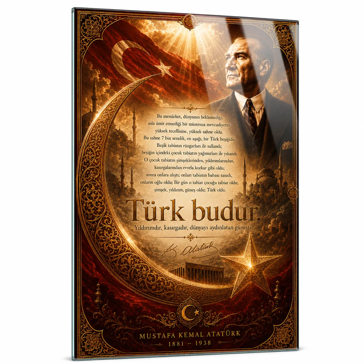 Atatürk Portresi ve 'Türk Budur' Temalı Büyük Boy Dikey Cam Tablo