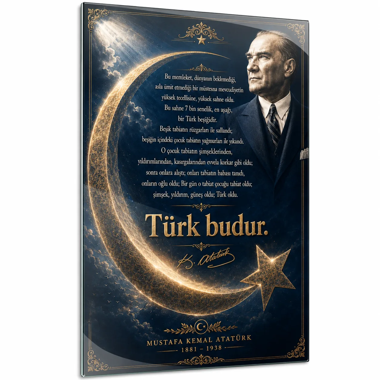Atatürk Portresi ve 'Türk Budur' Temalı Işıltılı Dikey Cam Tablo