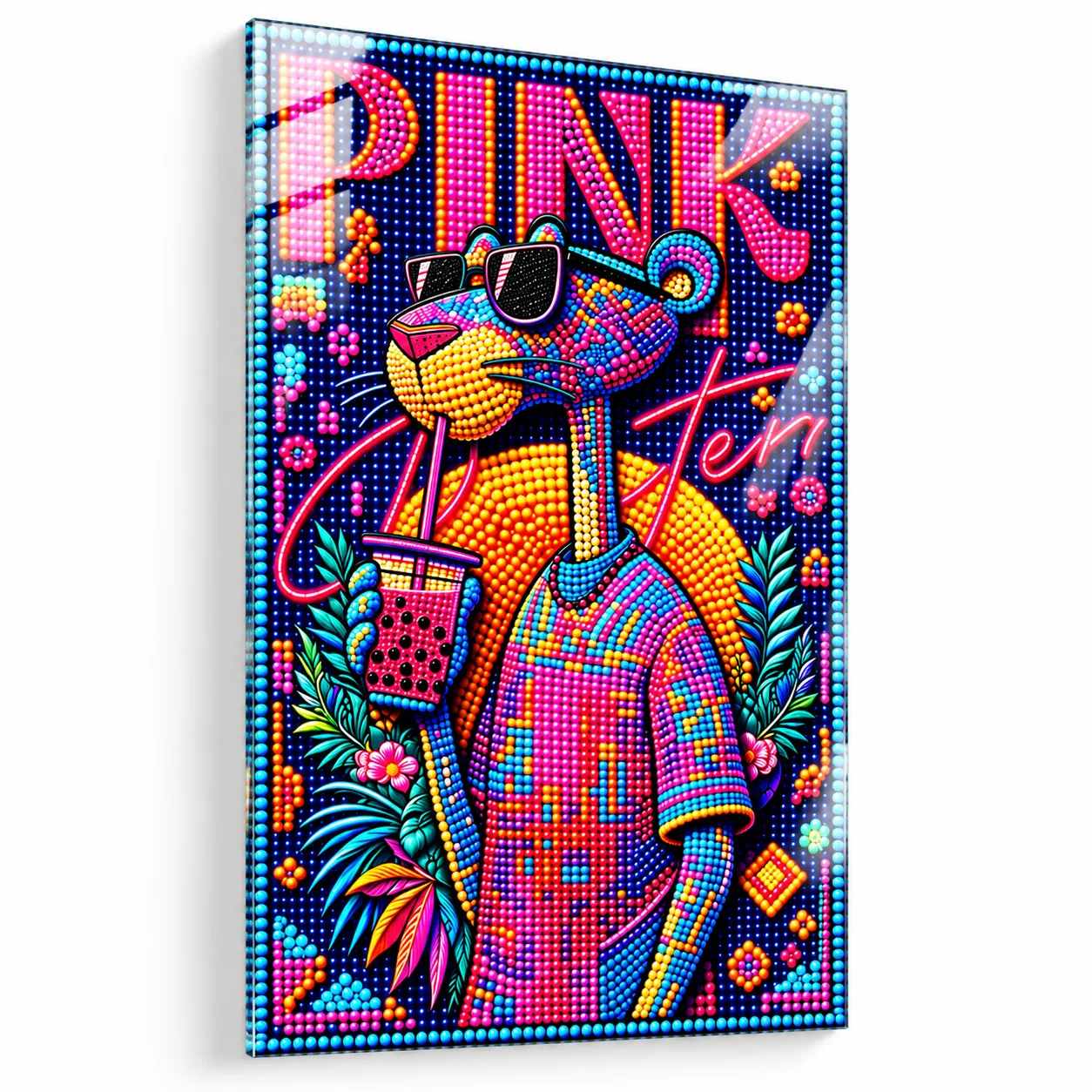 Neon Renklerde Pink Panther Temalı Pop Art Dikey Cam Tablo