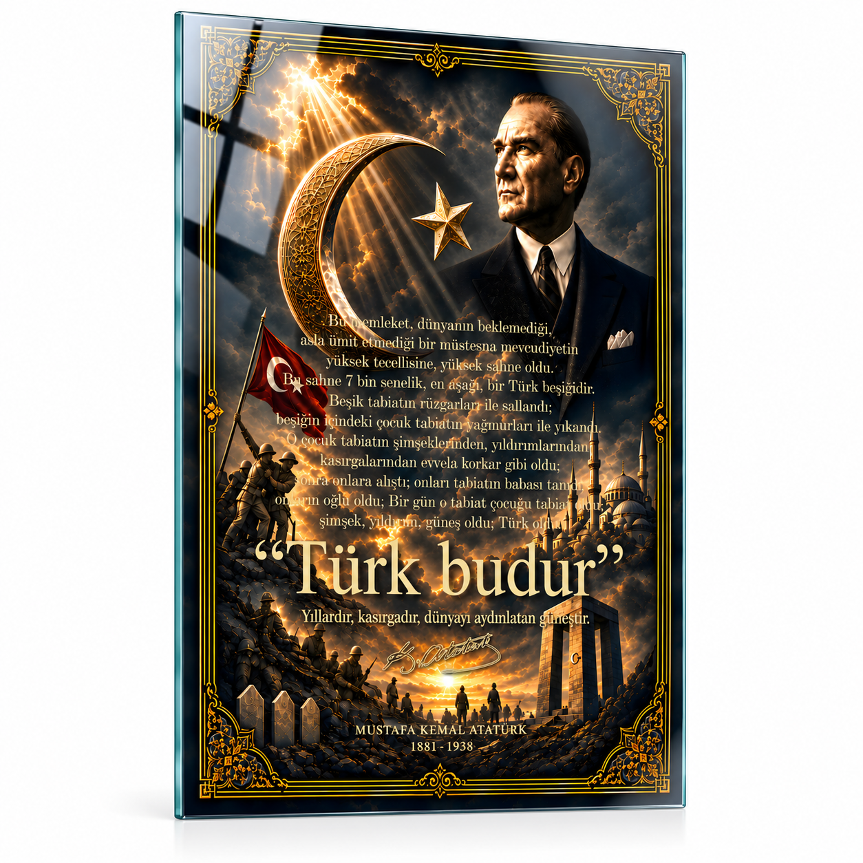 Atatürk Portresi ve 'Türk Budur' Sözü Temalı Işıklı Dikey Cam Tablo