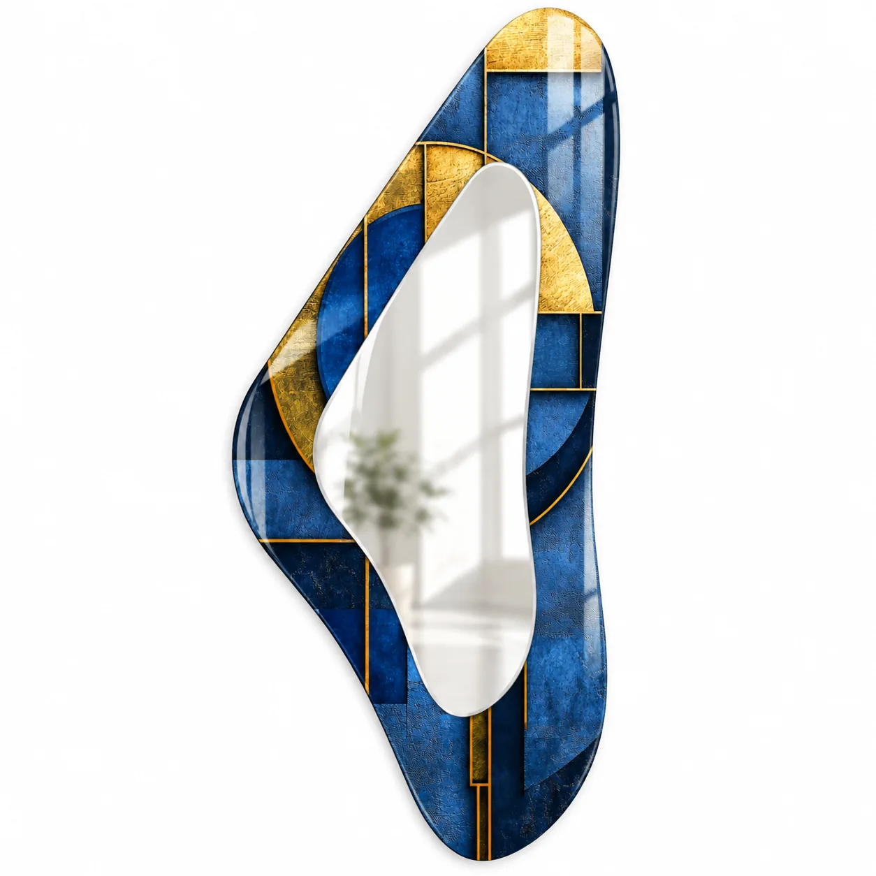 Art Deco Esintili Mavi ve Altın Geometrik Organik Form Aynalı Cam Tablo