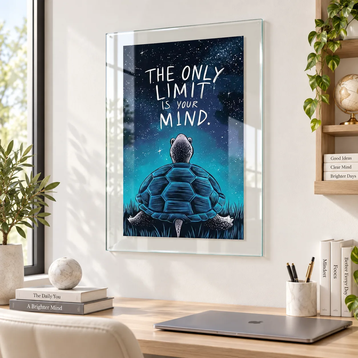 Kaplumbağa ve Yıldızlı Gökyüzü "The Only Limit Is Your Mind" Şeffaf Çerçeveli Dikey Cam Tablo