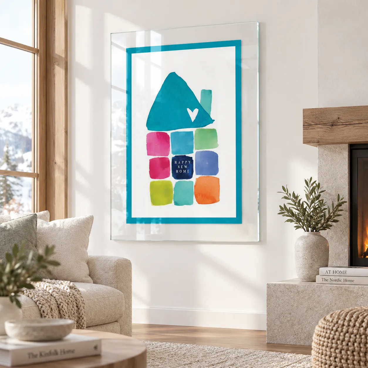 Happy New Home Temalı Renkli Ev Tasarımı Şeffaf Çerçeveli Dikey Cam Tablo