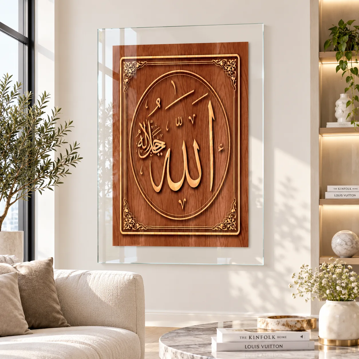 Allah Yazılı Ahşap Dokulu Gold Detaylı Şeffaf Çerçeveli Dikey Cam Tablo