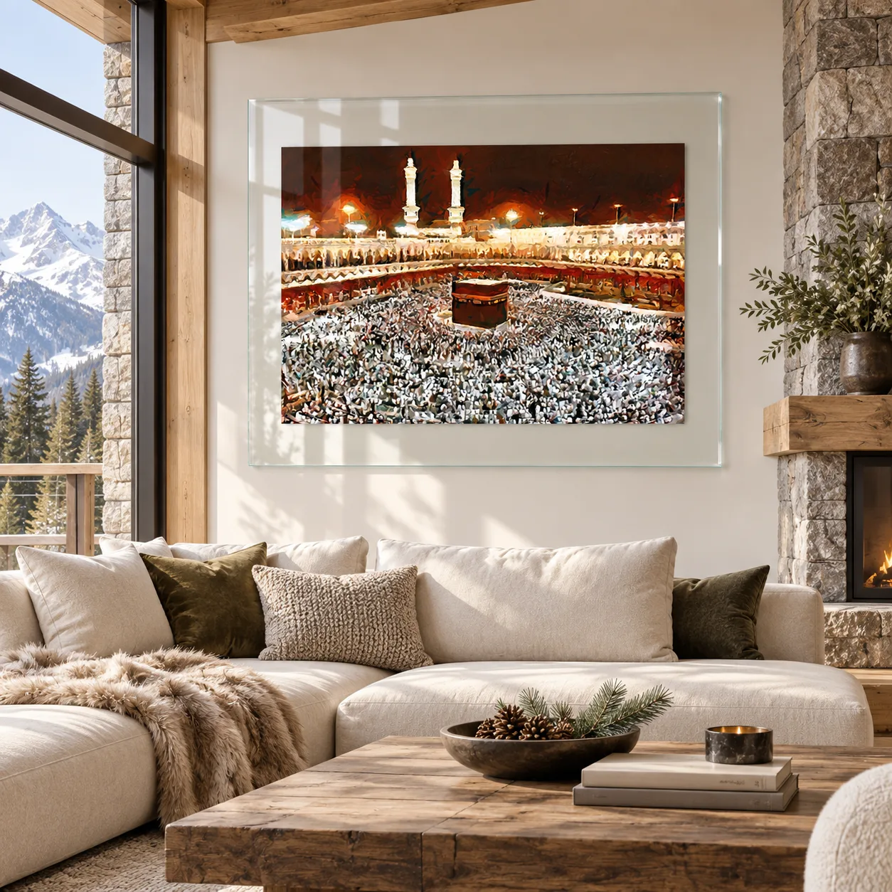 Kabe ve Tavaf Temalı Şeffaf Çerçeveli Cam Tablo