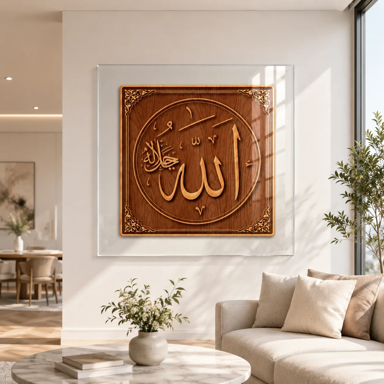 Ahşap Dokulu Allah Lafzı Şeffaf Çerçeveli Kare Cam Tablo