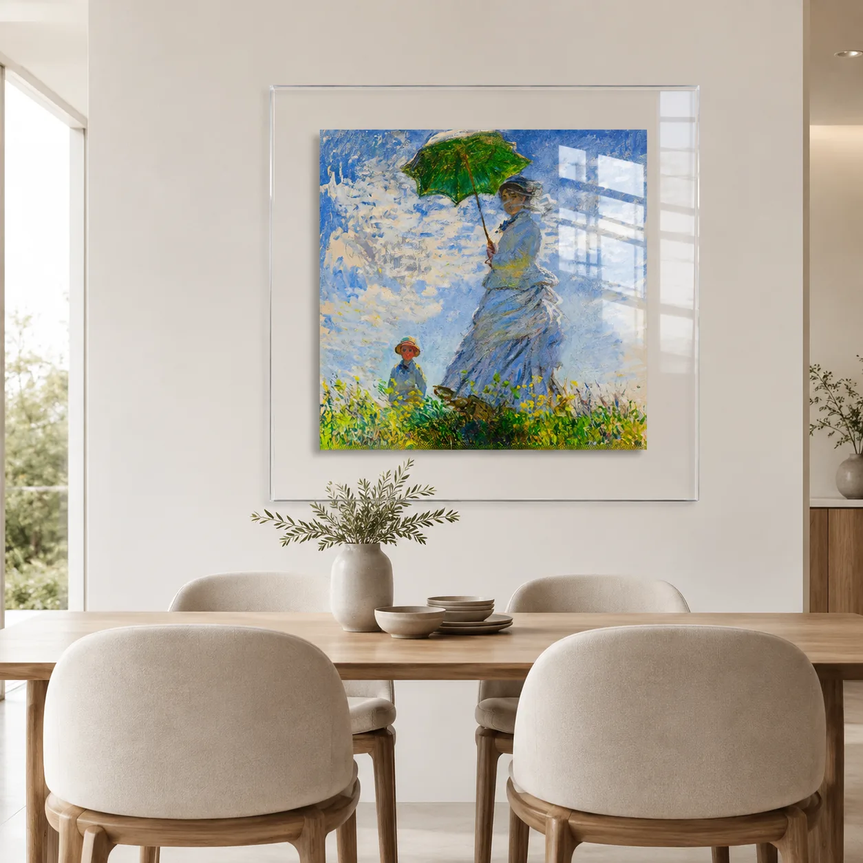 Monet Esintili Şemsiyeli Kadın ve Çocuk Temalı Şeffaf Çerçeveli Kare Cam Tablo