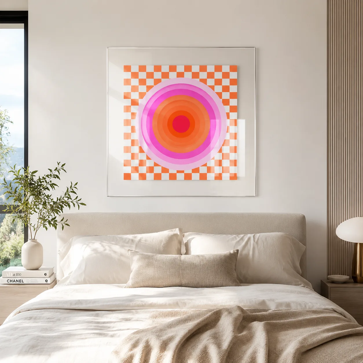 Canlı Turuncu Damalı ve Pembe Hedef Desenli Şeffaf Çerçeveli Kare Cam Tablo