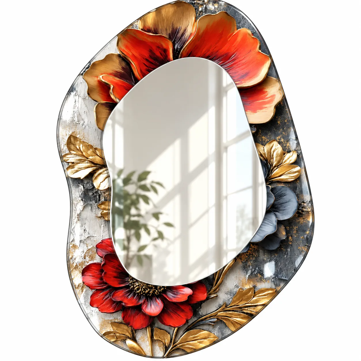 Organik Form Kırmızı Çiçekler ve Altın Yapraklar Desenli Dekoratif Ayna | Geometrik Oval Aynalı Cam Tablo