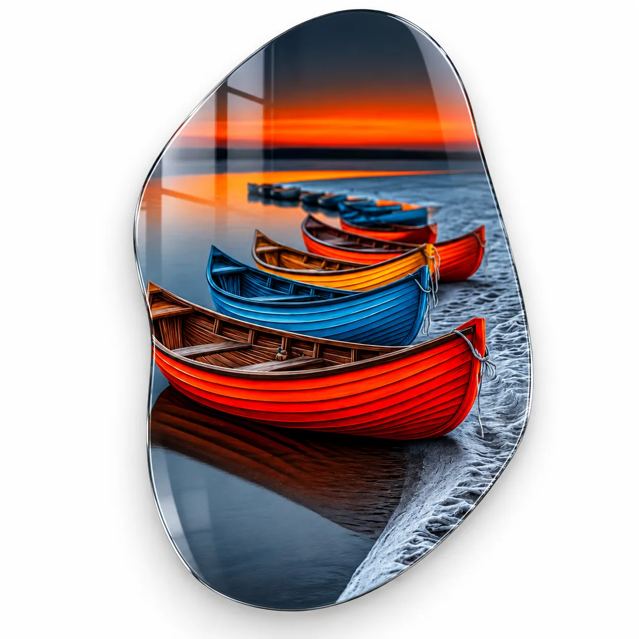 Gün Batımı Rüyası: Renkli Sandallar Oval Cam Tablo