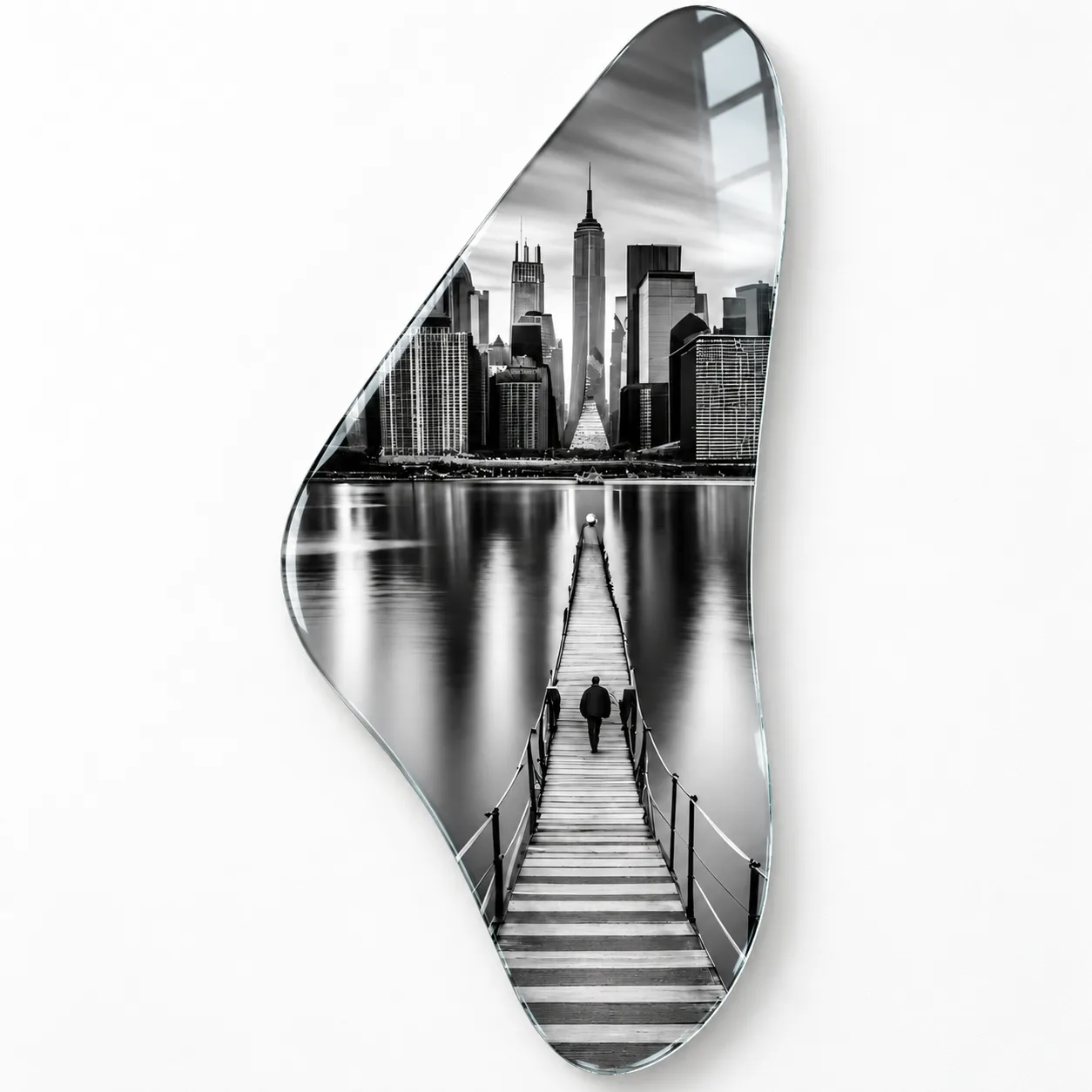 New York Şehir Manzarası ve İskele Temalı Siyah Beyaz Geometrik Cam Tablo