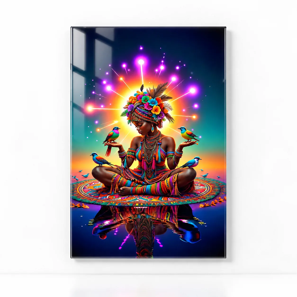 Meditasyon Yapan Afrikalı Kadın ve Kuşlar Temalı Renkli Dikey Cam Tablo