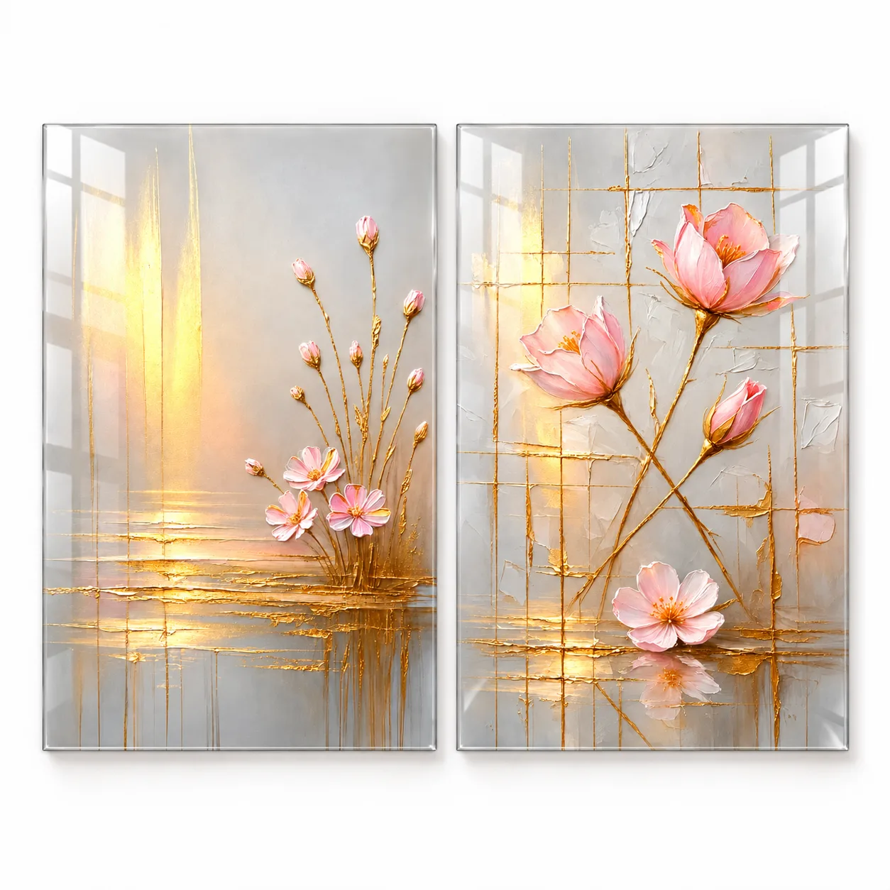 Pembe Lotus ve Altın Yansımalar İkili Cam Tablo Seti | Huzurlu Bahçe